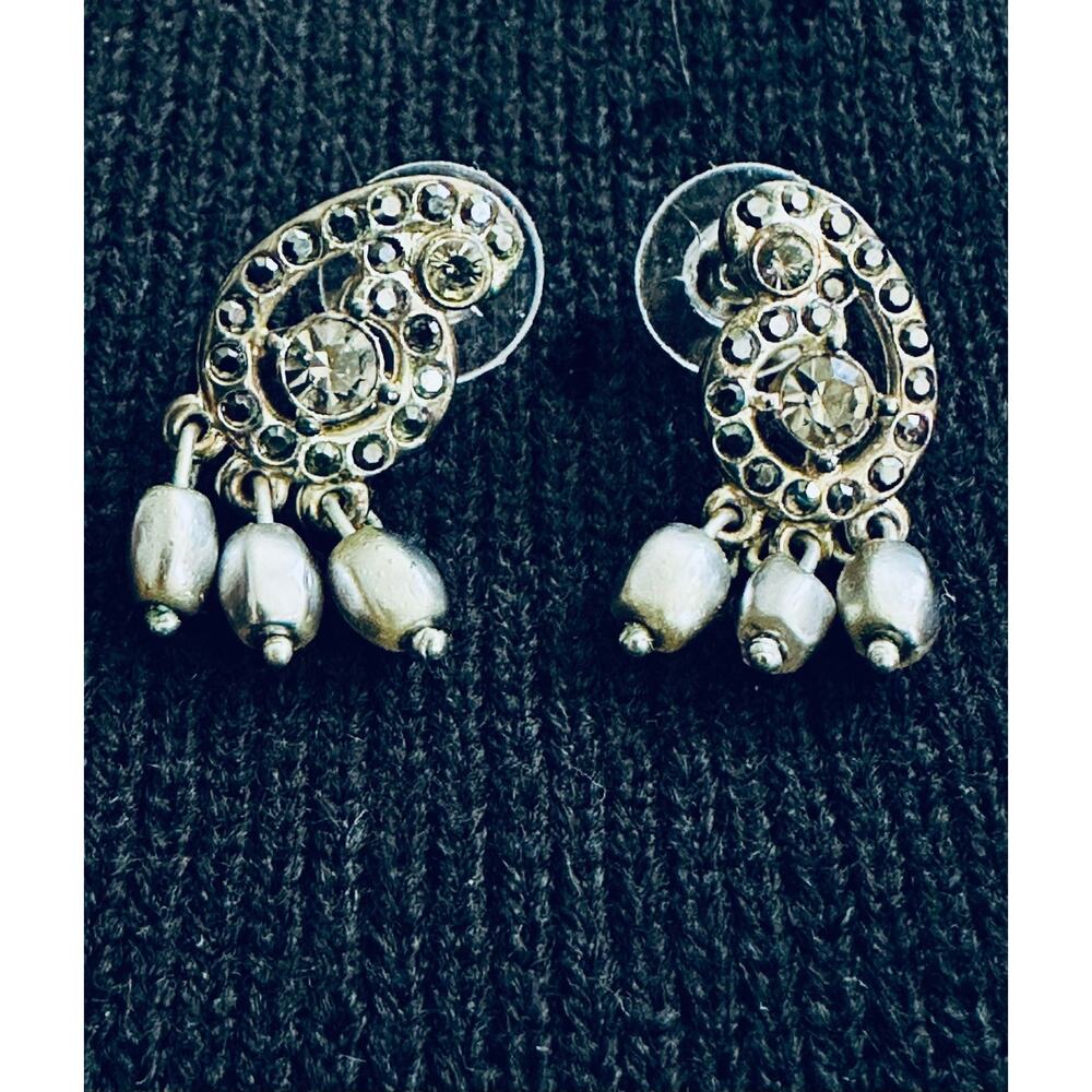 Gray Rhinestone Dangle Earrings Silver Tone 1in Drop Bridal Prom